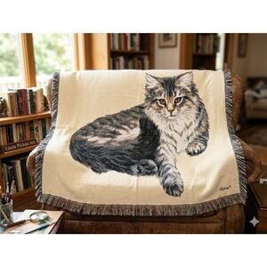 Vintage Linda Picken Maine Coon Cat Tapestry Throw Blanket Fringe Cotton 60x47